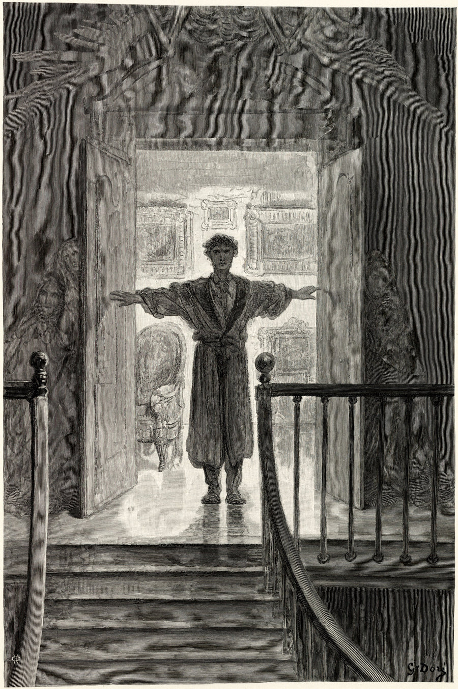 Gustave Doré — Darkness there, and nothing more | Gothic Illustration Print shown to scale on a wall above a sofa