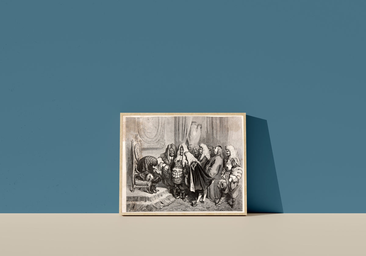 Framed art print of Donkey Skin: The King's Councillors by Gustave Doré, in a light wood frame leaning on a blue wall