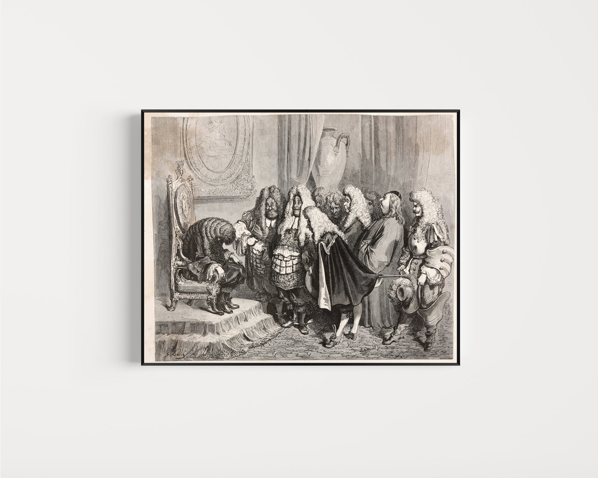 Framed art print of Donkey Skin: The King's Councillors by Gustave Doré, in a slim black frame on a plain white wall
