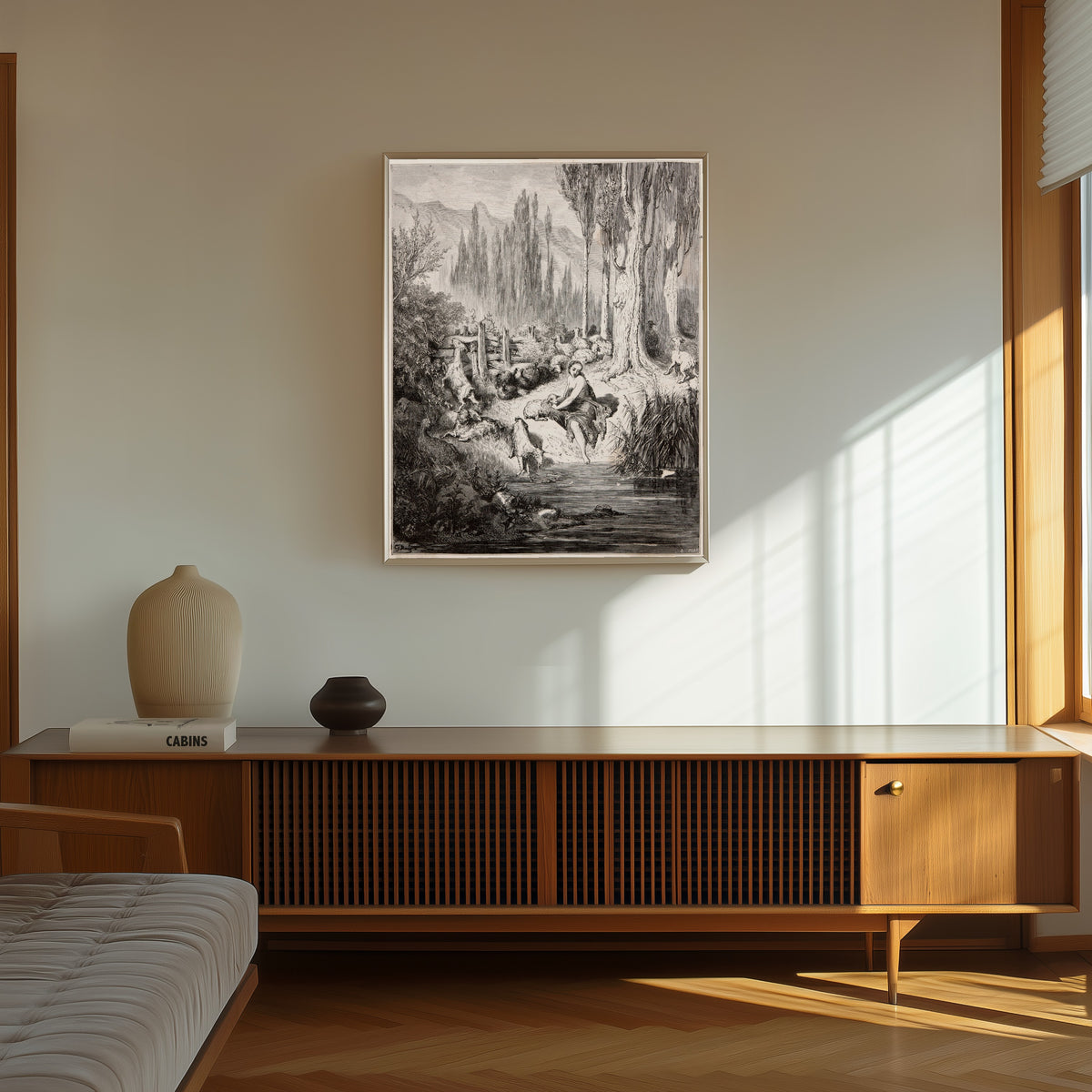 Framed art print of Donkey Skin: The Shepherdess at the Stream by Gustave Doré, in a thin light frame on a sunlit wall above a wooden sideboard