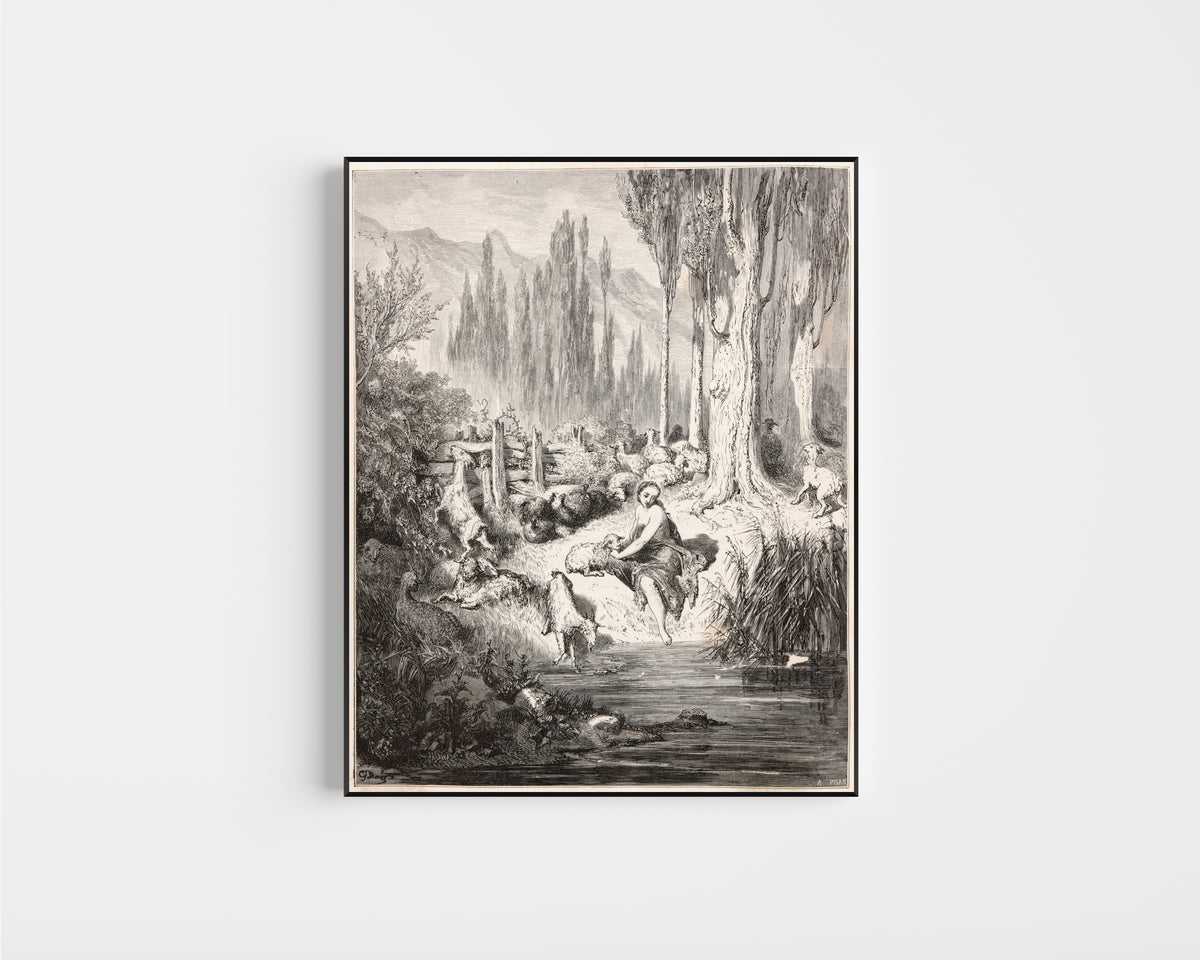 Framed art print of Donkey Skin: The Shepherdess at the Stream by Gustave Doré, in a slim black frame on a plain white wall