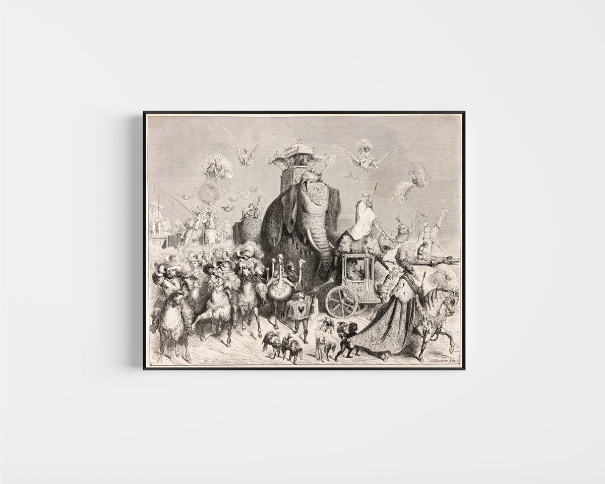 Framed art print of Donkey Skin: The Wedding Procession by Gustave Doré, in a slim black frame on a plain white wall