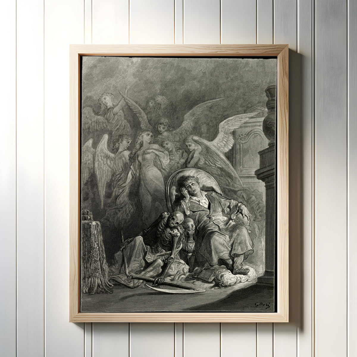 Framed art print of Eagerly I wished the morrow by Gustave Doré, in a light wood frame on a white panelled wall