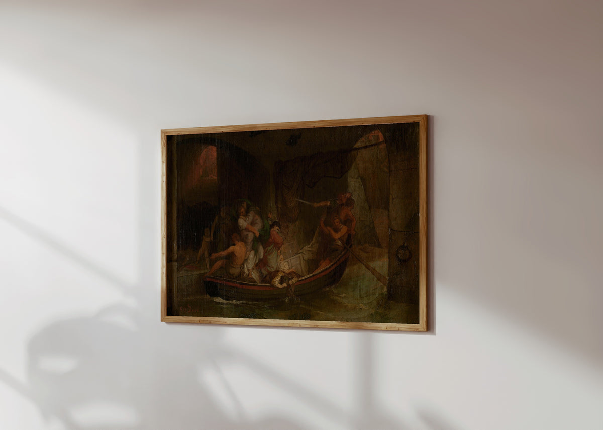 Framed art print of Fire of Rome by Gustave Doré, in a light wood frame on a sunlit white wall, seen at a slight angle