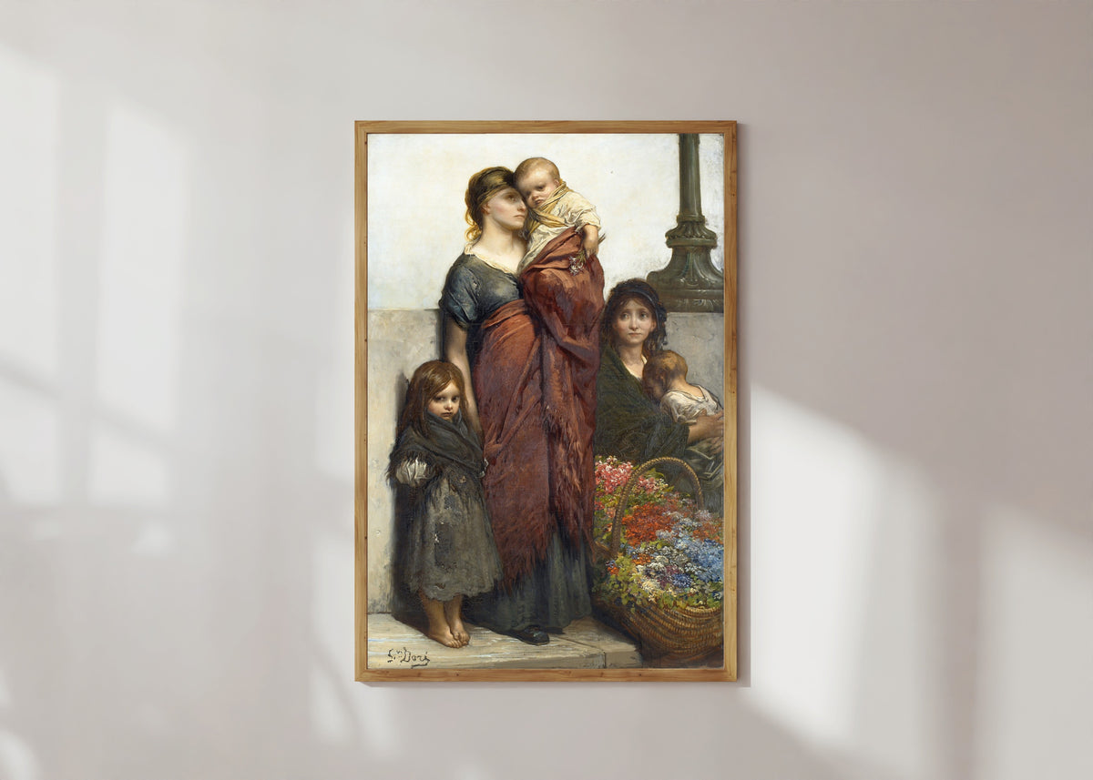 Framed art print of Flower Sellers of London by Gustave Doré, in a light wood frame on a sunlit white wall