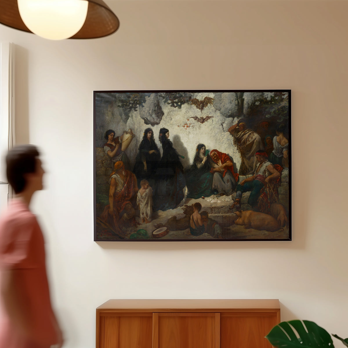 Framed art print of Fortune-Telling at Sacro Monte by Gustave Doré, in a slim black frame on a warm wall in a sunlit room