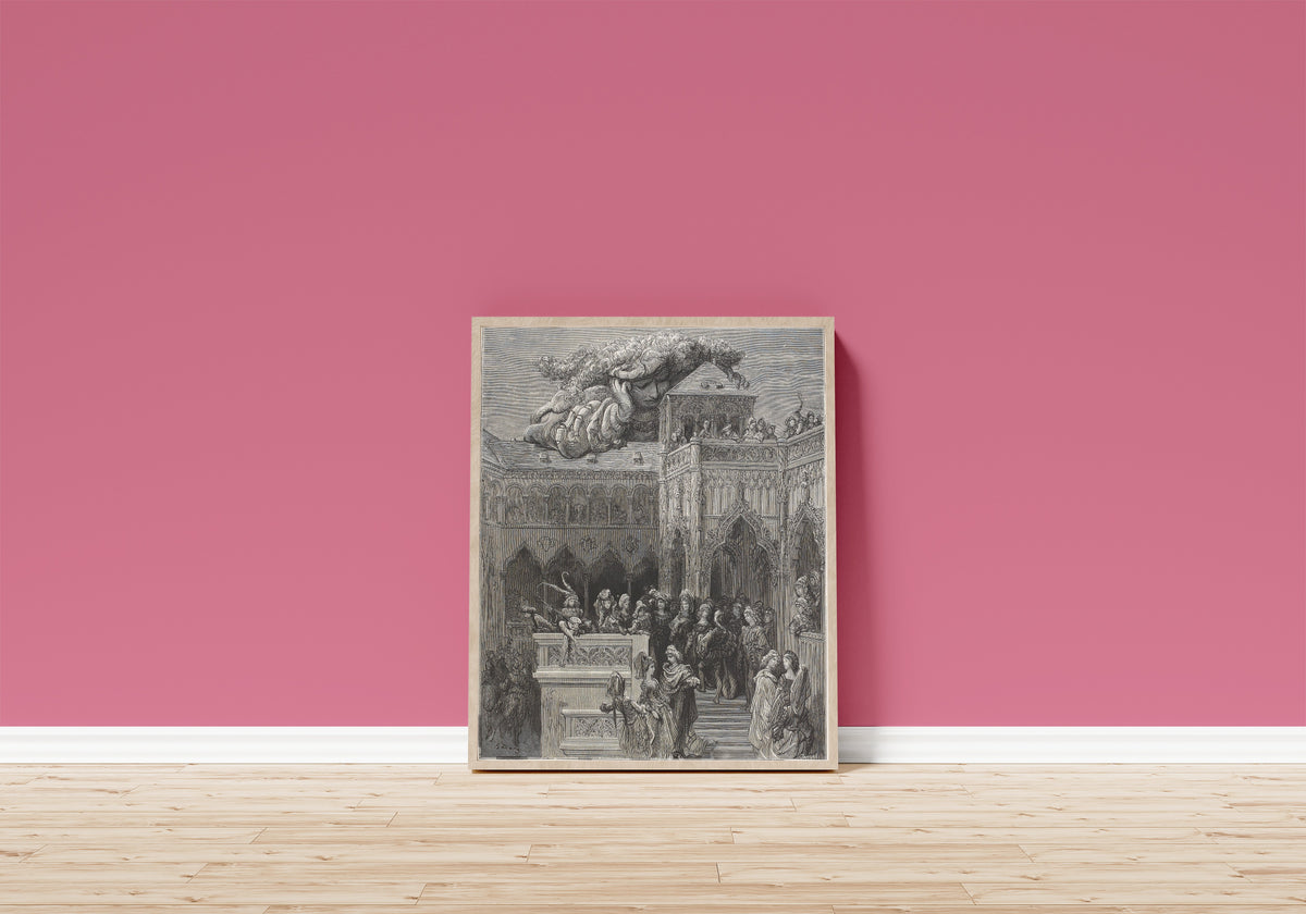 Framed art print of Gargantua and the Abbey of Thélème by Gustave Doré, in a light wood frame leaning on a pink wall above a wooden floor