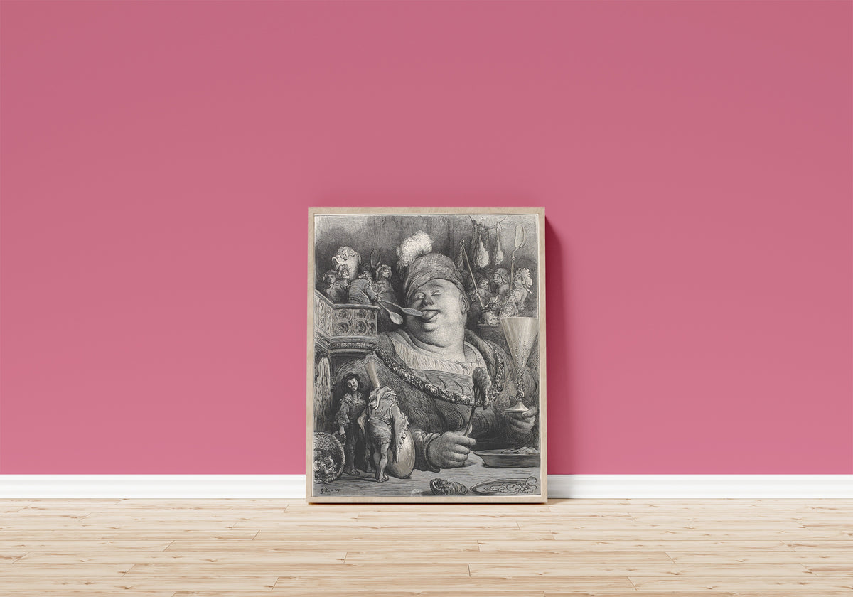 Framed art print of Gargantua Fed Mustard by the Shovelful by Gustave Doré, in a light wood frame leaning on a pink wall above a wooden floor