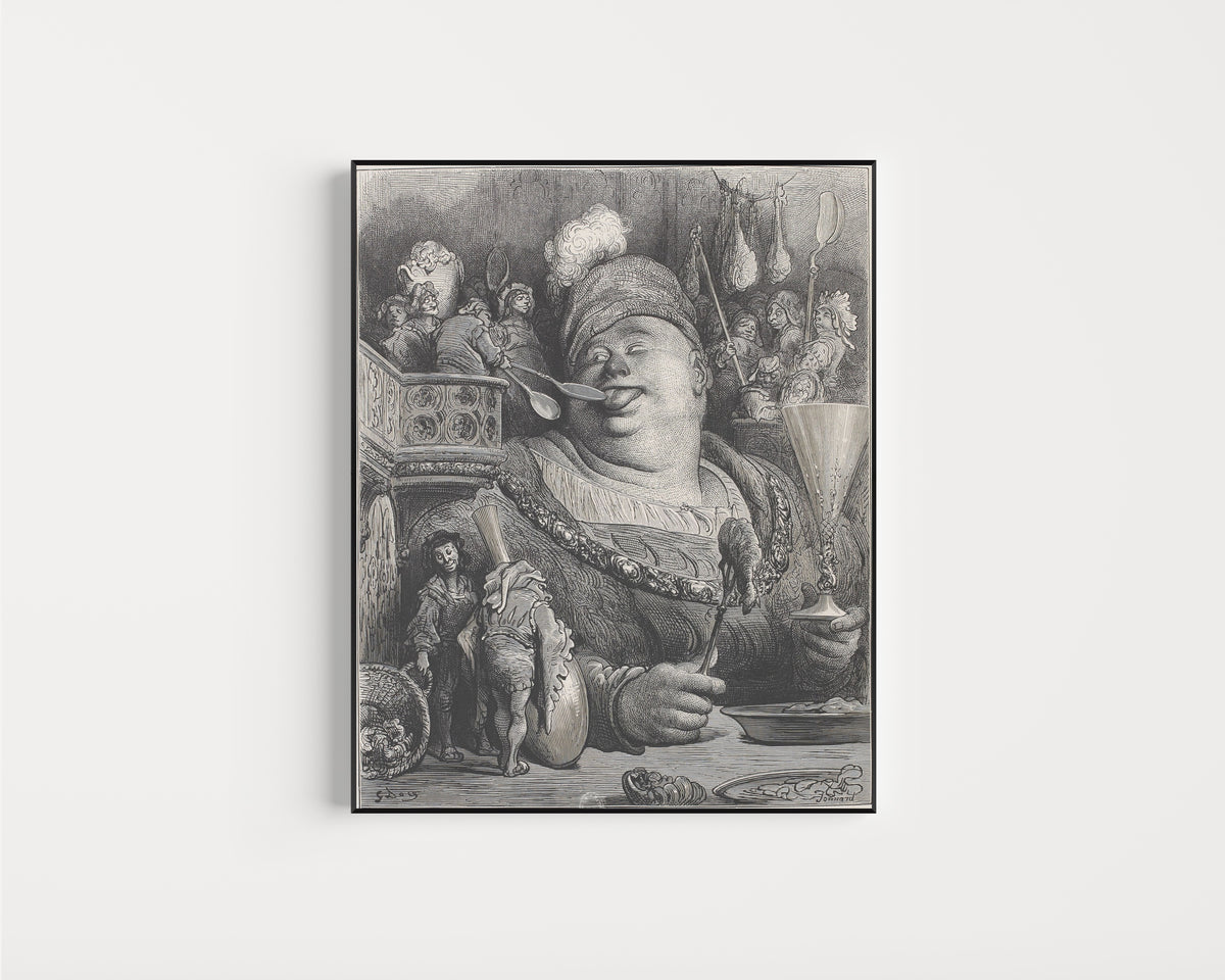 Framed art print of Gargantua Fed Mustard by the Shovelful by Gustave Doré, in a slim black frame on a plain white wall