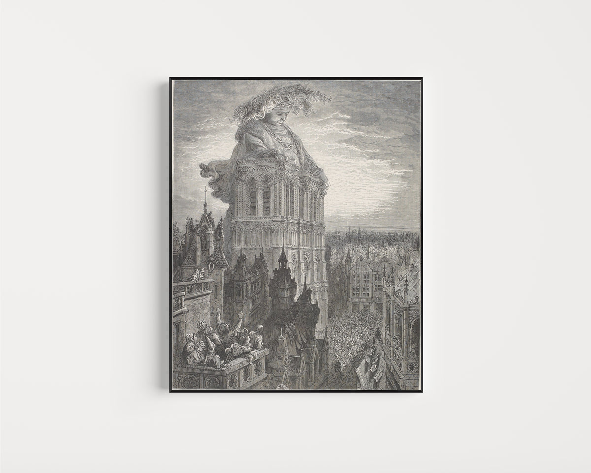 Framed art print of Gargantua on the Towers of Notre-Dame by Gustave Doré, in a slim black frame on a plain white wall