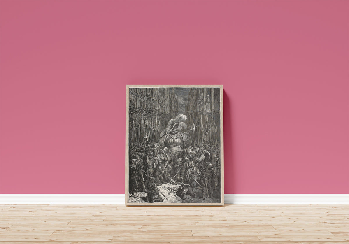 Framed art print of Gargantua Takes Leave of His Soldiers by Gustave Doré, in a light wood frame leaning on a pink wall above a wooden floor