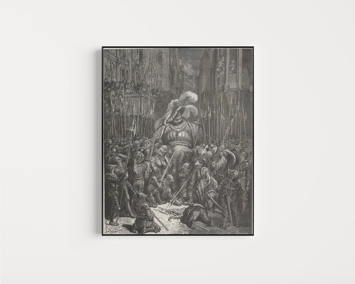 Framed art print of Gargantua Takes Leave of His Soldiers by Gustave Doré, in a slim black frame on a plain white wall