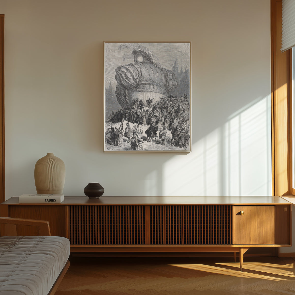Framed art print of Gargantua's Welcome to Paris by Gustave Doré, in a thin light frame on a sunlit wall above a wooden sideboard