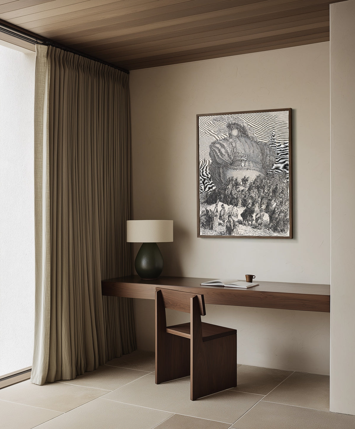 Framed art print of Gargantua's Welcome to Paris by Gustave Doré, in a dark wood frame on a plaster wall above a walnut desk