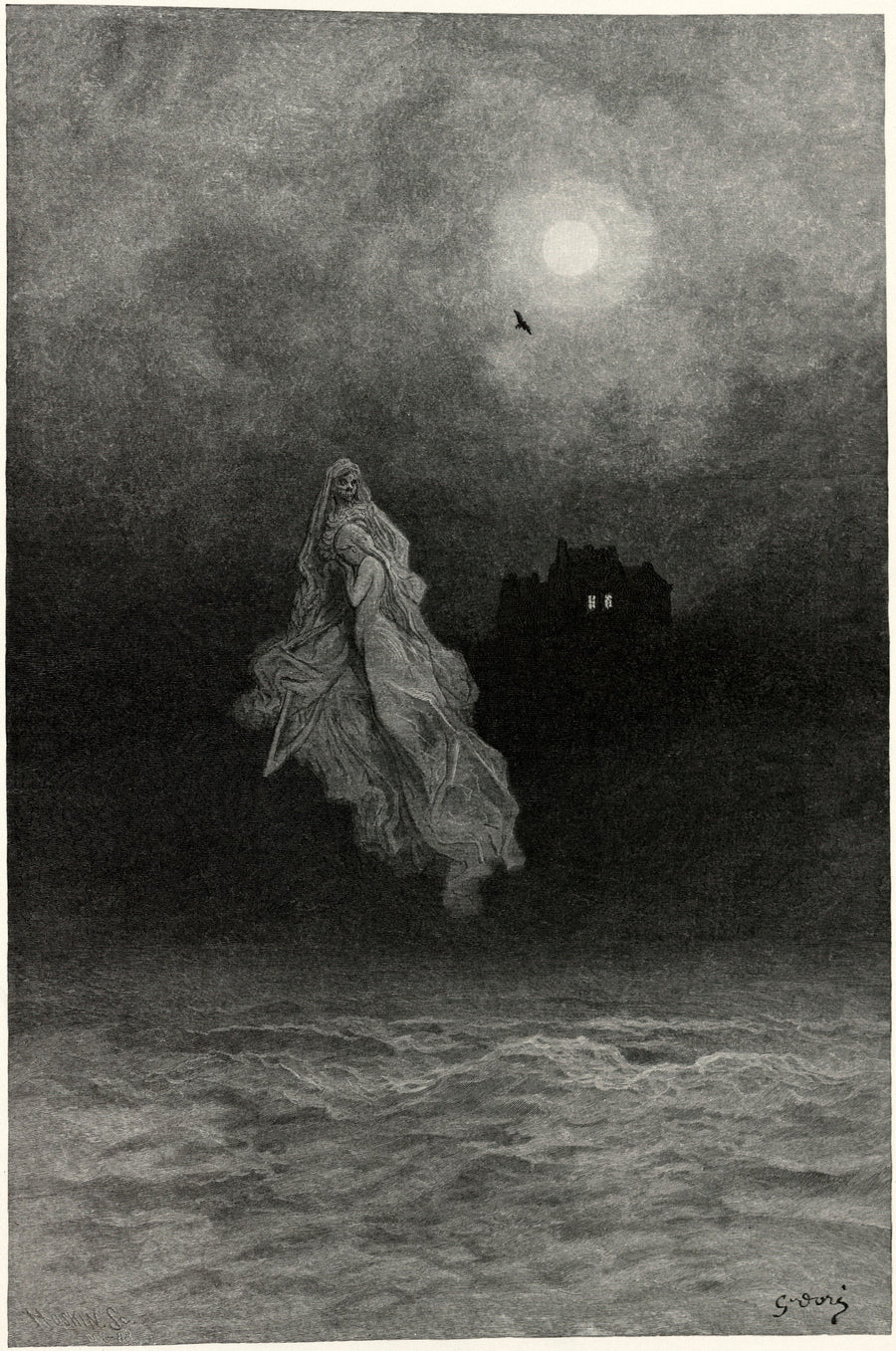 Gustave Doré — Get thee back into the tempest and the Night's Plutonian shore! | Gothic Illustration Print shown to scale on a wall above a sofa