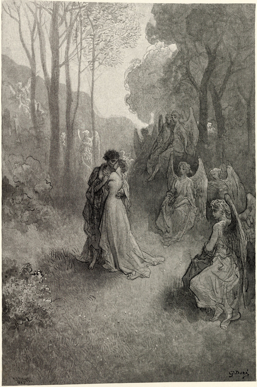 Gustave Doré — It shall clasp a sainted maiden whom the angels name Lenore | Gothic Illustration Print shown to scale on a wall above a sofa