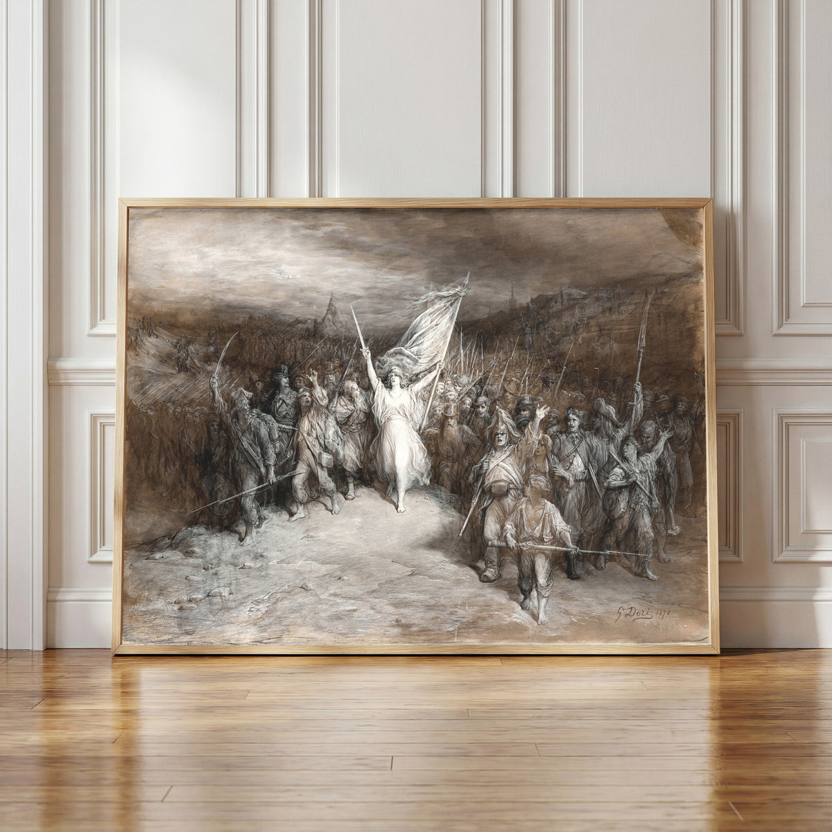 Framed art print of La Marseillaise by Gustave Doré, in a light wood frame leaning against a panelled white wall