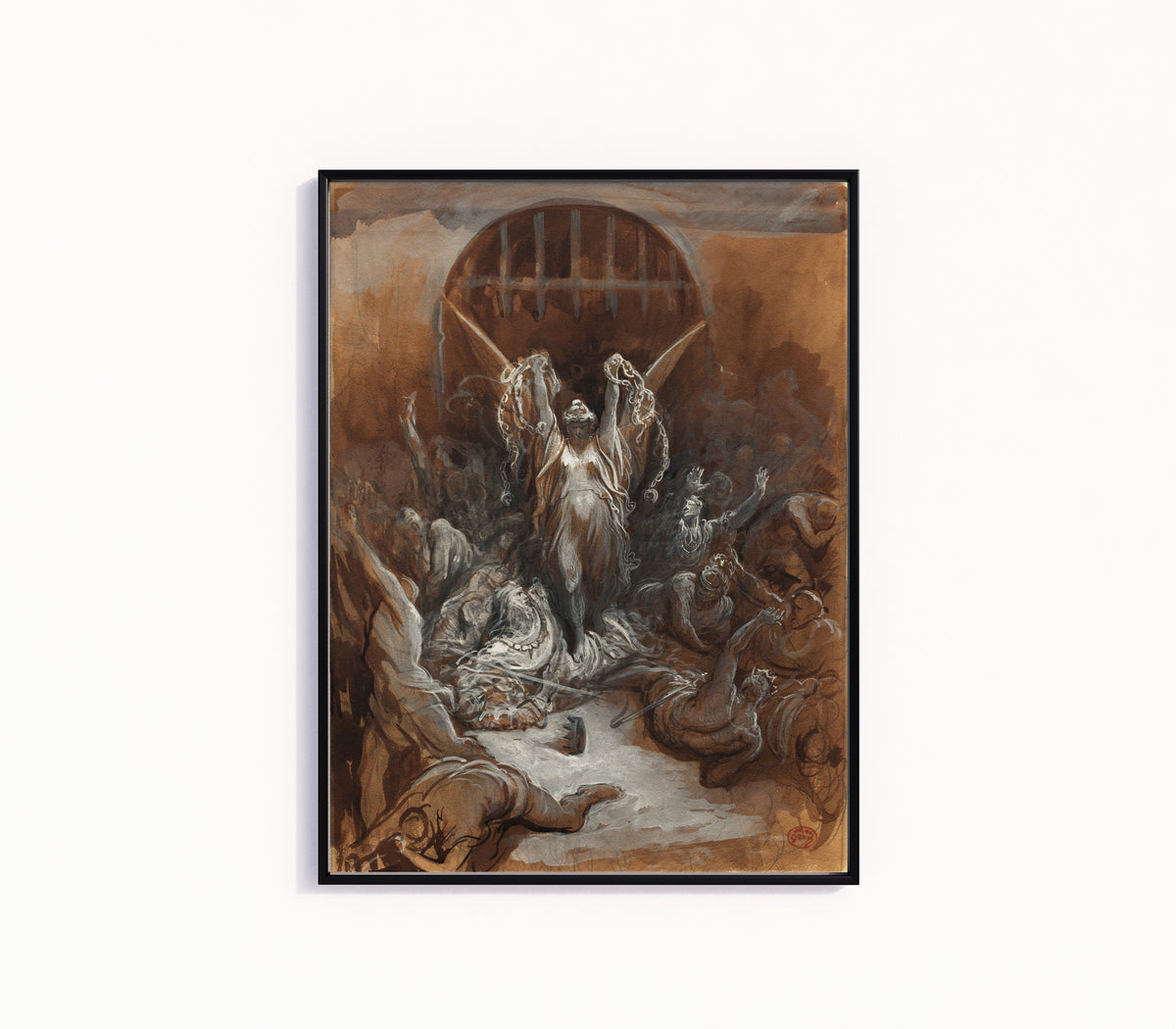 Framed art print of Liberty by Gustave Doré, in a slim black frame on a plain white wall