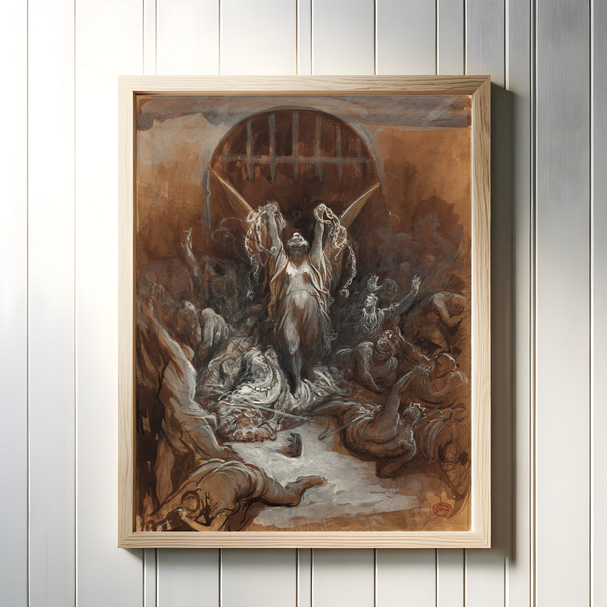 Framed art print of Liberty by Gustave Doré, in a light wood frame on a white panelled wall