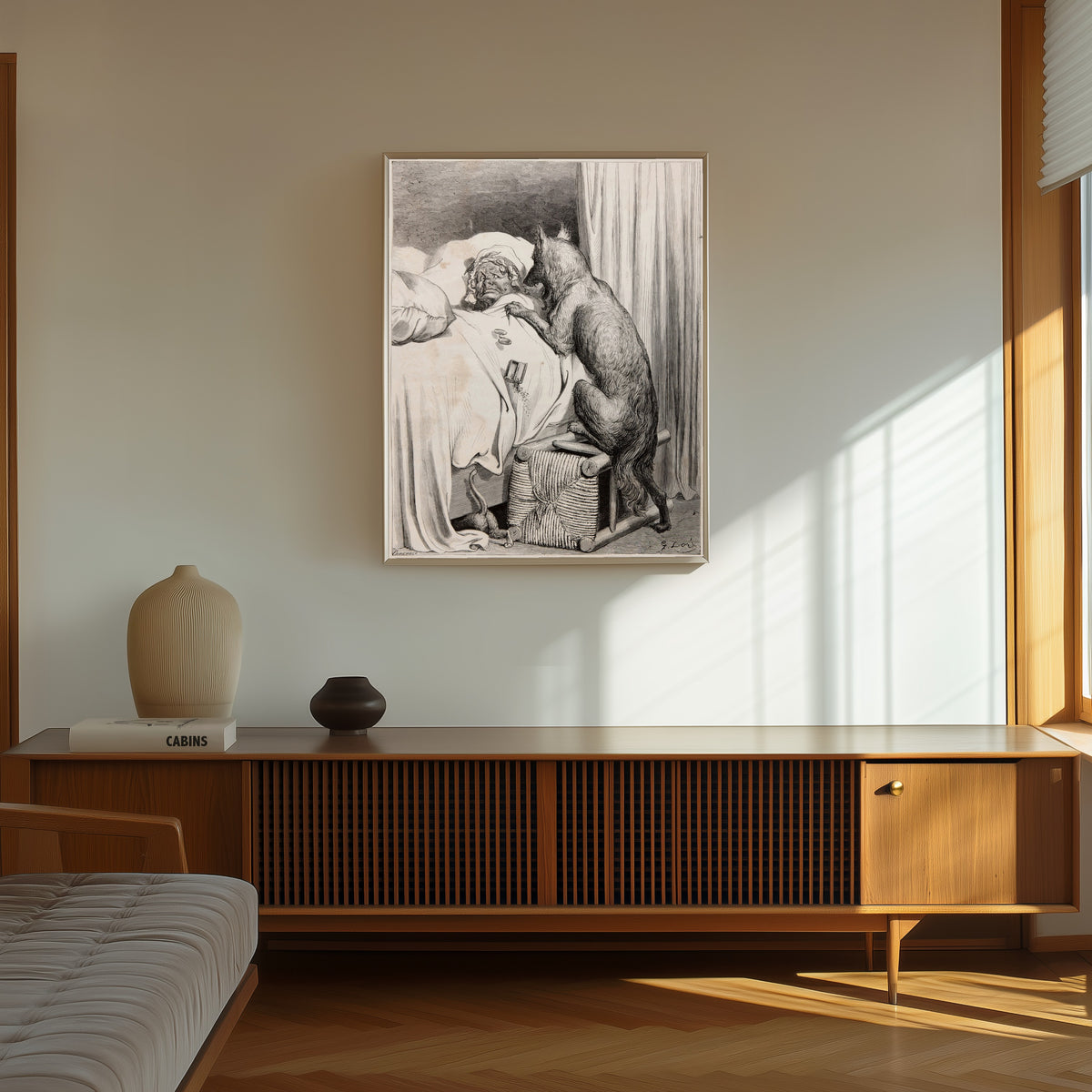 Framed art print of Little Red Riding Hood: The Wolf at Grandmother's Bed by Gustave Doré, in a thin light frame on a sunlit wall above a wooden sideboard