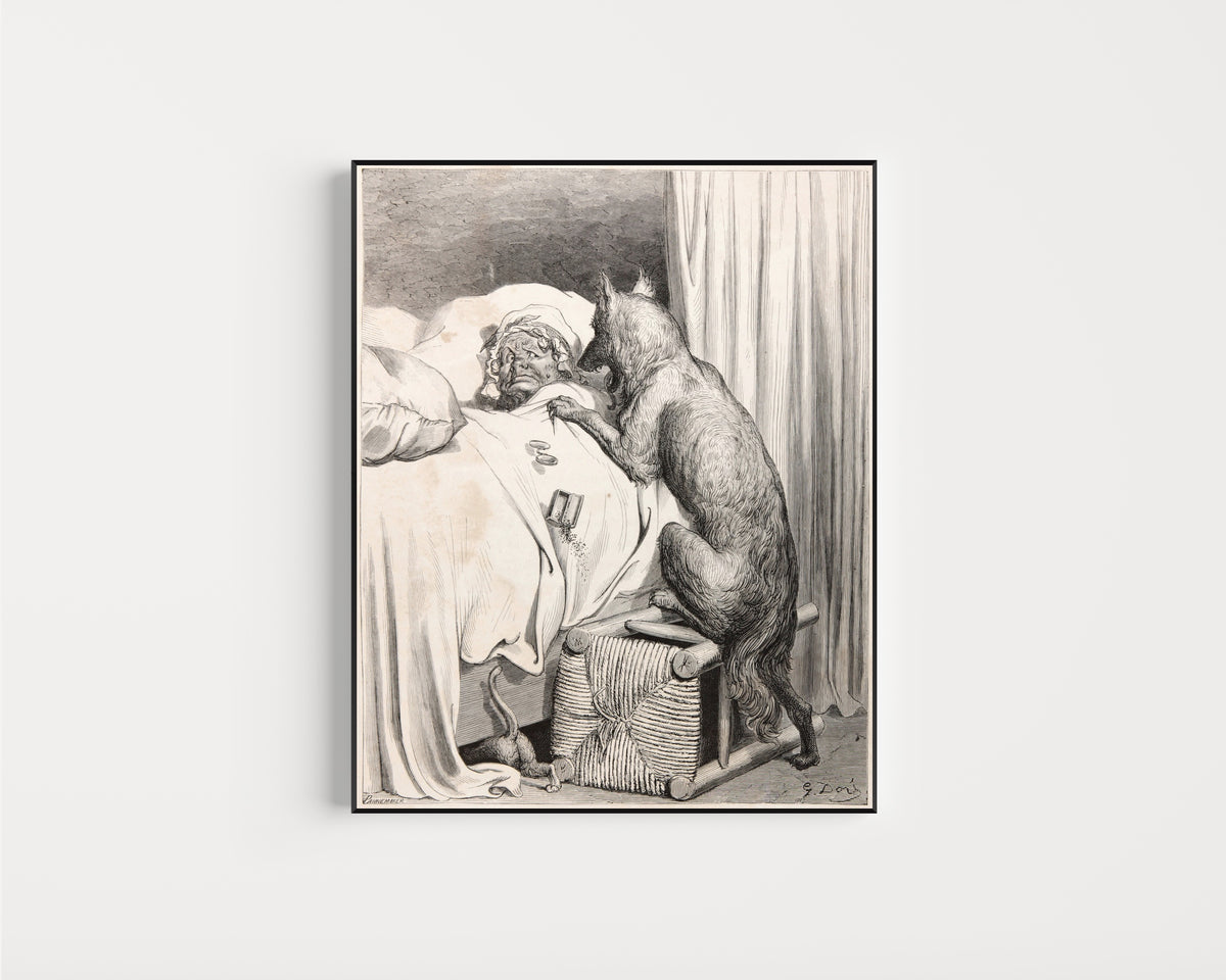 Framed art print of Little Red Riding Hood: The Wolf at Grandmother's Bed by Gustave Doré, in a slim black frame on a plain white wall