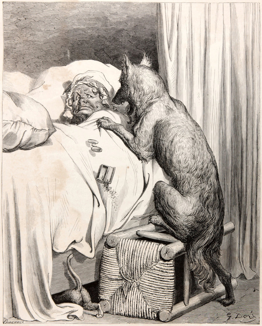 Gustave Doré — Little Red Riding Hood: The Wolf at Grandmother's Bed | Fairy Tale Illustration Print shown to scale on a wall above a sofa