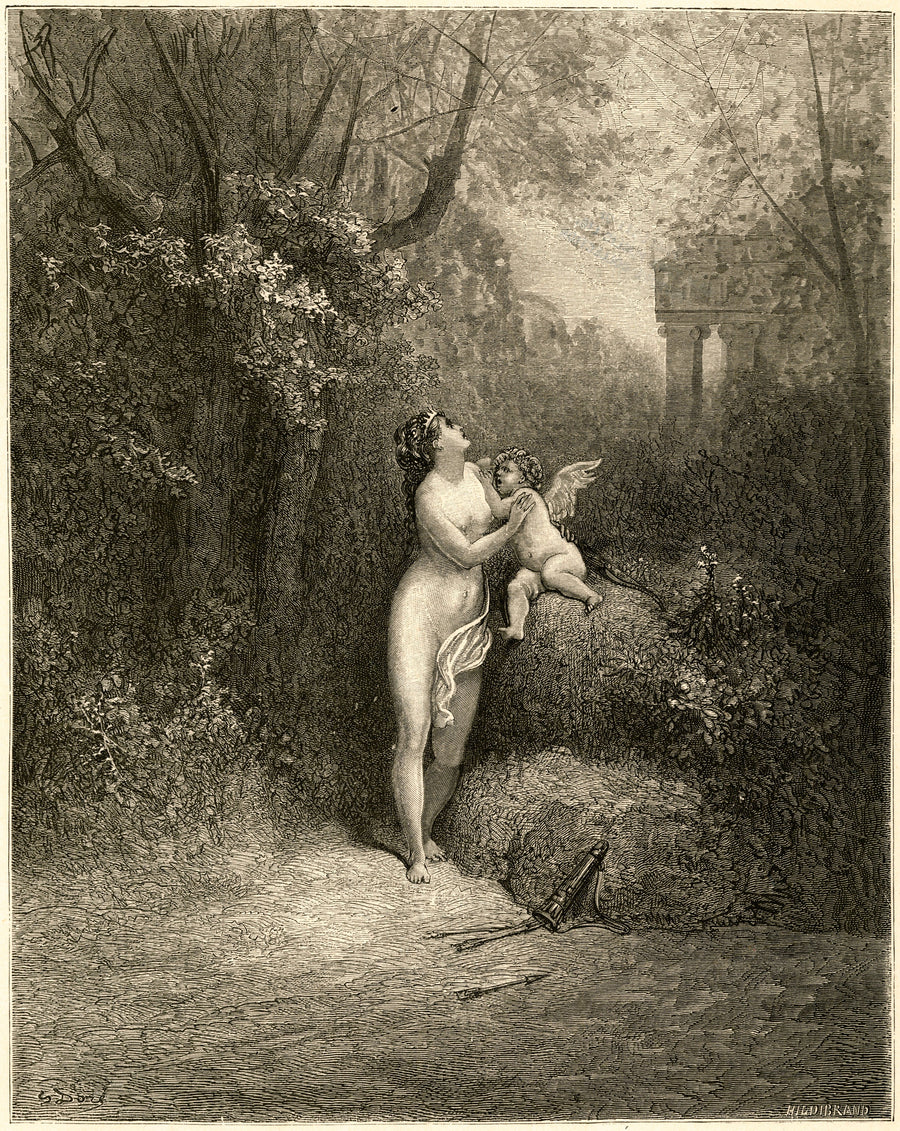 Gustave Doré — Love and Folly (L’Amour et la folie) | Engraving Print shown to scale on a wall above a sofa