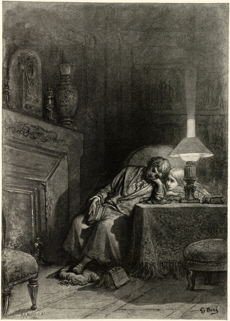 Gustave Doré — Once upon a midnight dreary | Gothic Illustration Print shown to scale on a wall above a sofa