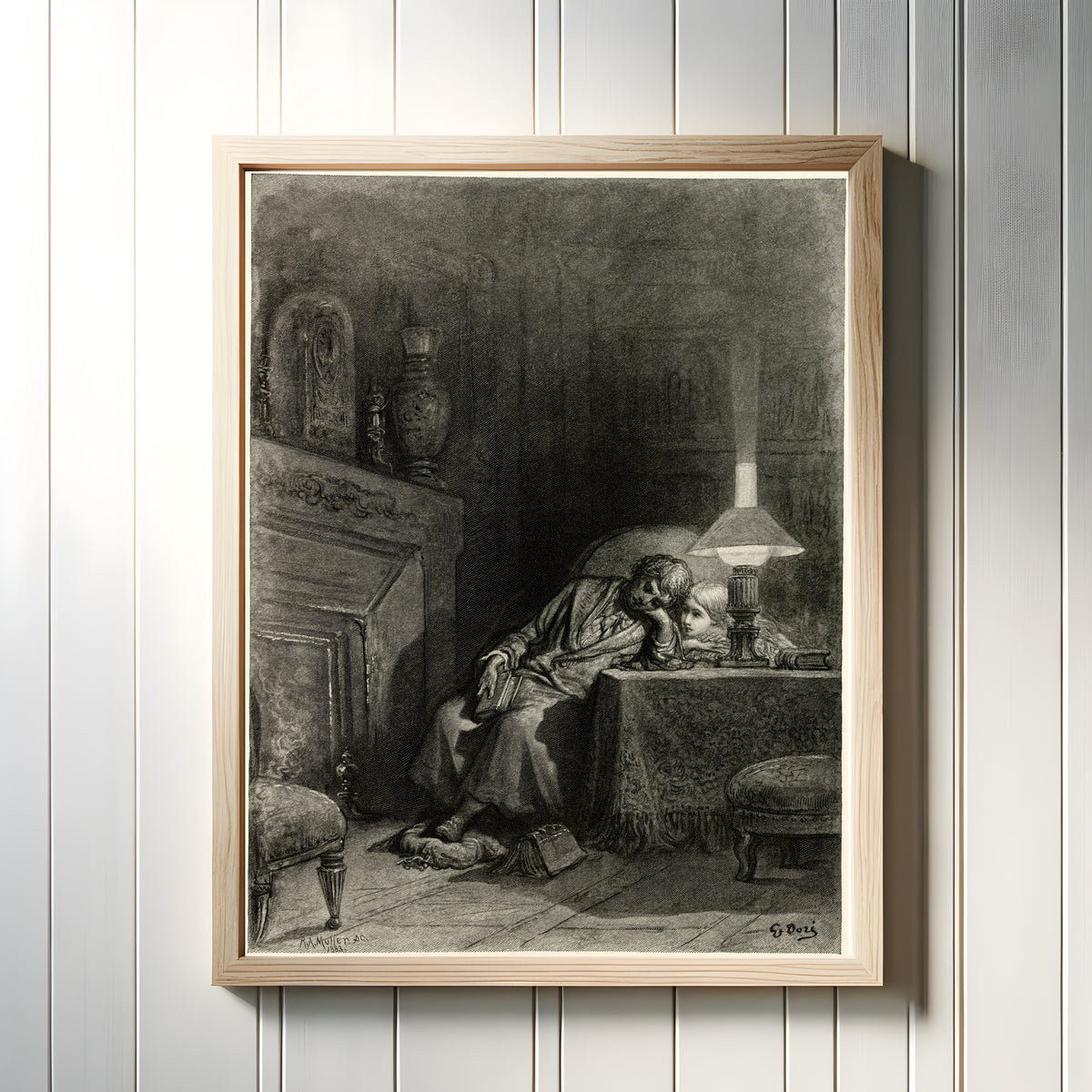 Framed art print of Once upon a midnight dreary by Gustave Doré, in a light wood frame on a white panelled wall