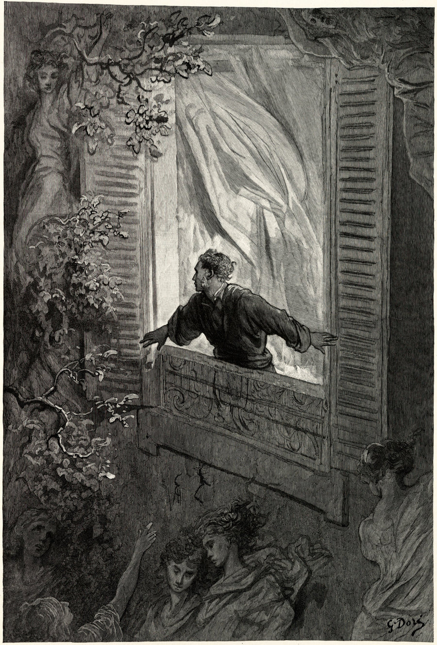 Gustave Doré — Open here I flung the shutter | Gothic Illustration Print shown to scale on a wall above a sofa