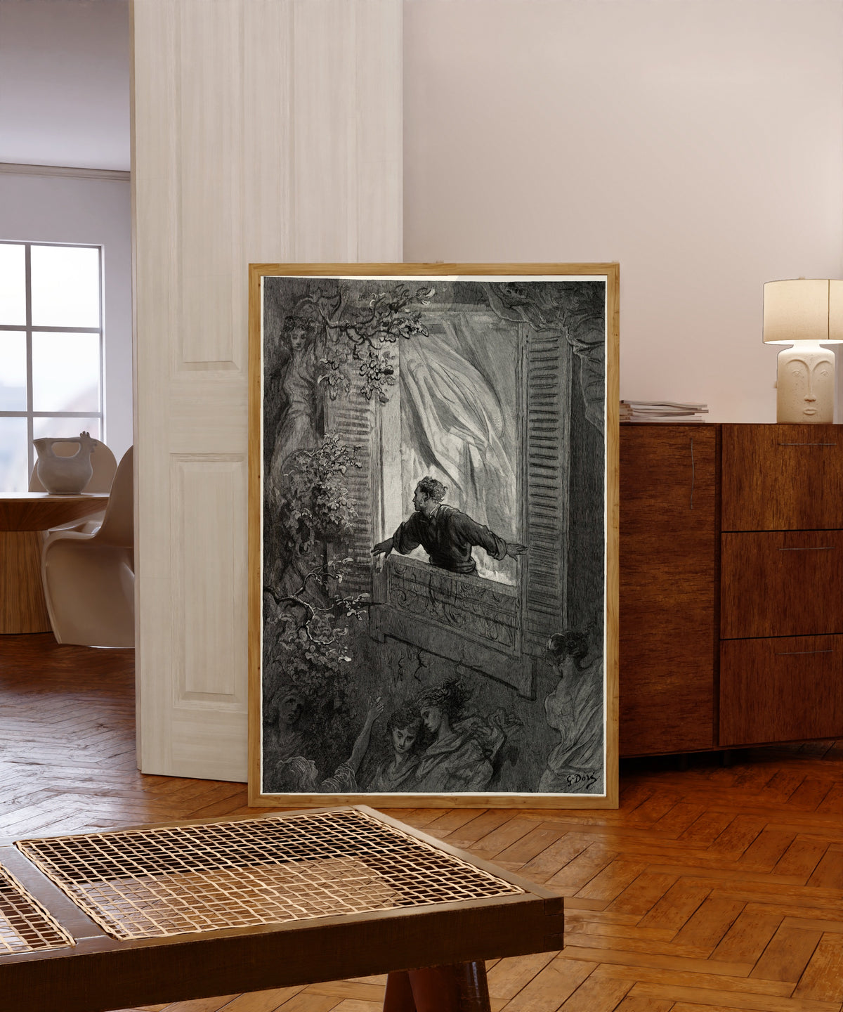 Framed art print of Open here I flung the shutter by Gustave Doré, in a light wood frame leaning in a warm room with a parquet floor