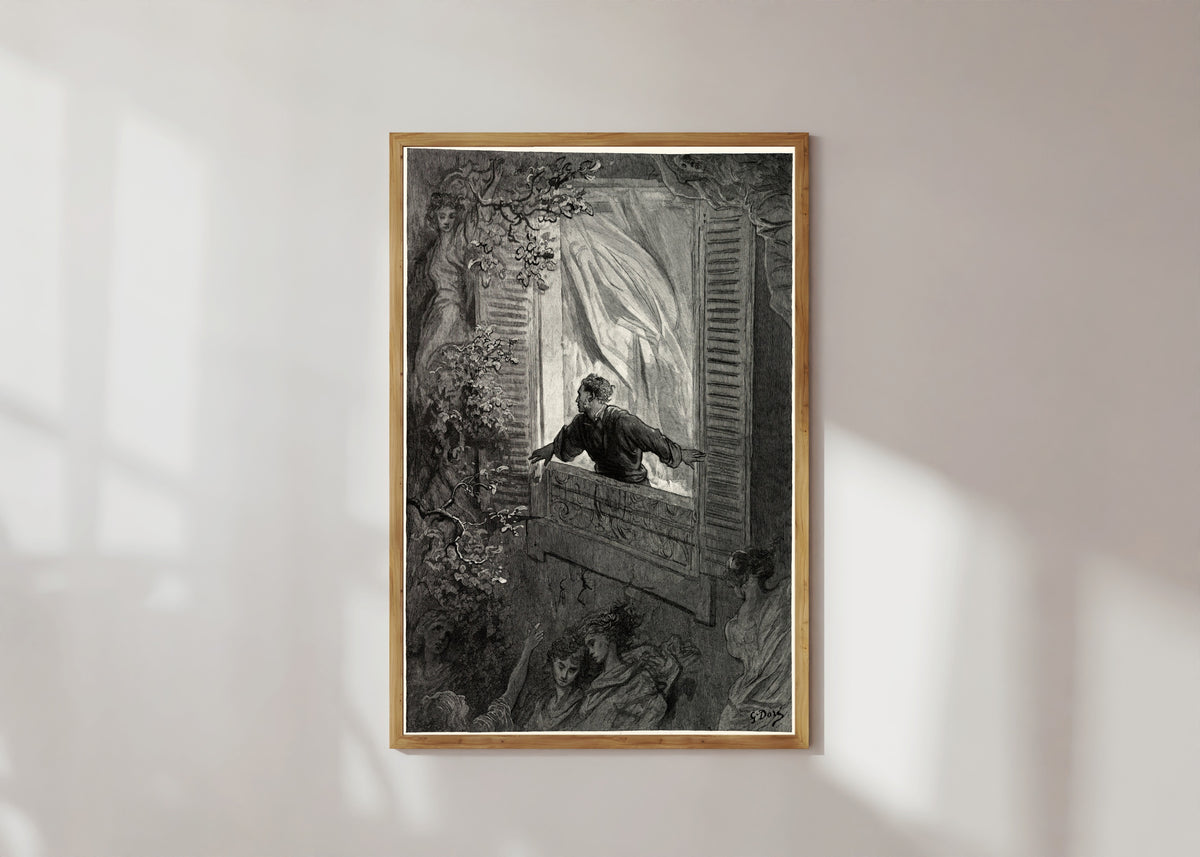 Framed art print of Open here I flung the shutter by Gustave Doré, in a light wood frame on a sunlit white wall