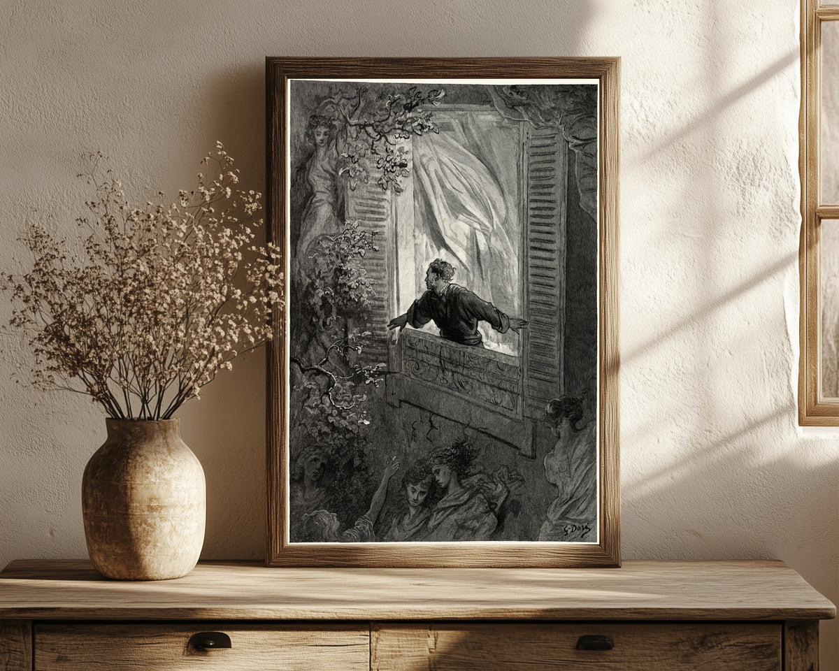 Framed art print of Open here I flung the shutter by Gustave Doré, in a dark wood frame leaning on a rustic console beside dried flowers