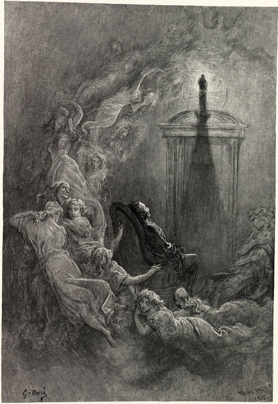 Gustave Doré — Other friends have flown before | Gothic Illustration Print shown to scale on a wall above a sofa