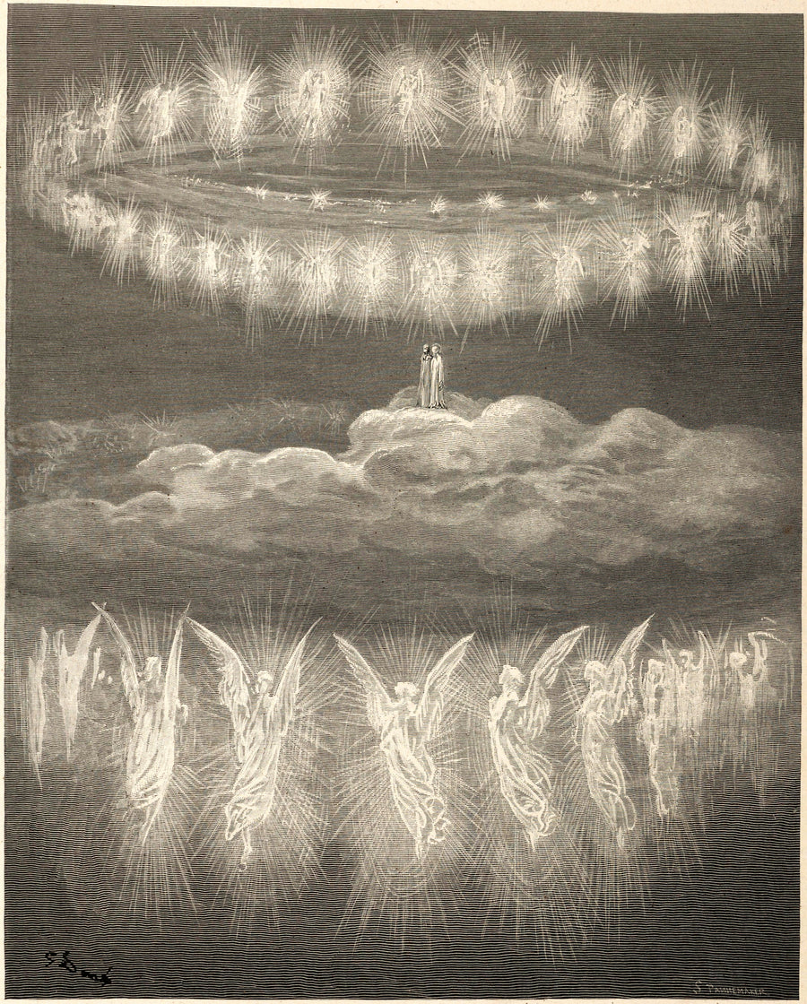 Gustave Doré — Paradiso, Canto XII: The Two Garlands of the Blessed | Dante Illustration Print shown to scale on a wall above a sofa