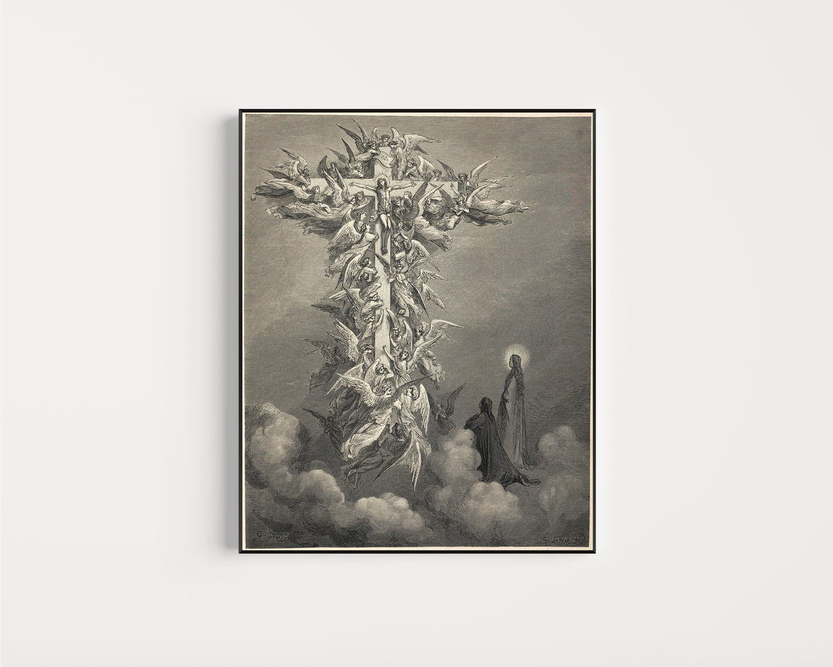 Framed art print of Paradiso, Canto XIV: The Cross of Mars by Gustave Doré, in a slim black frame on a plain white wall