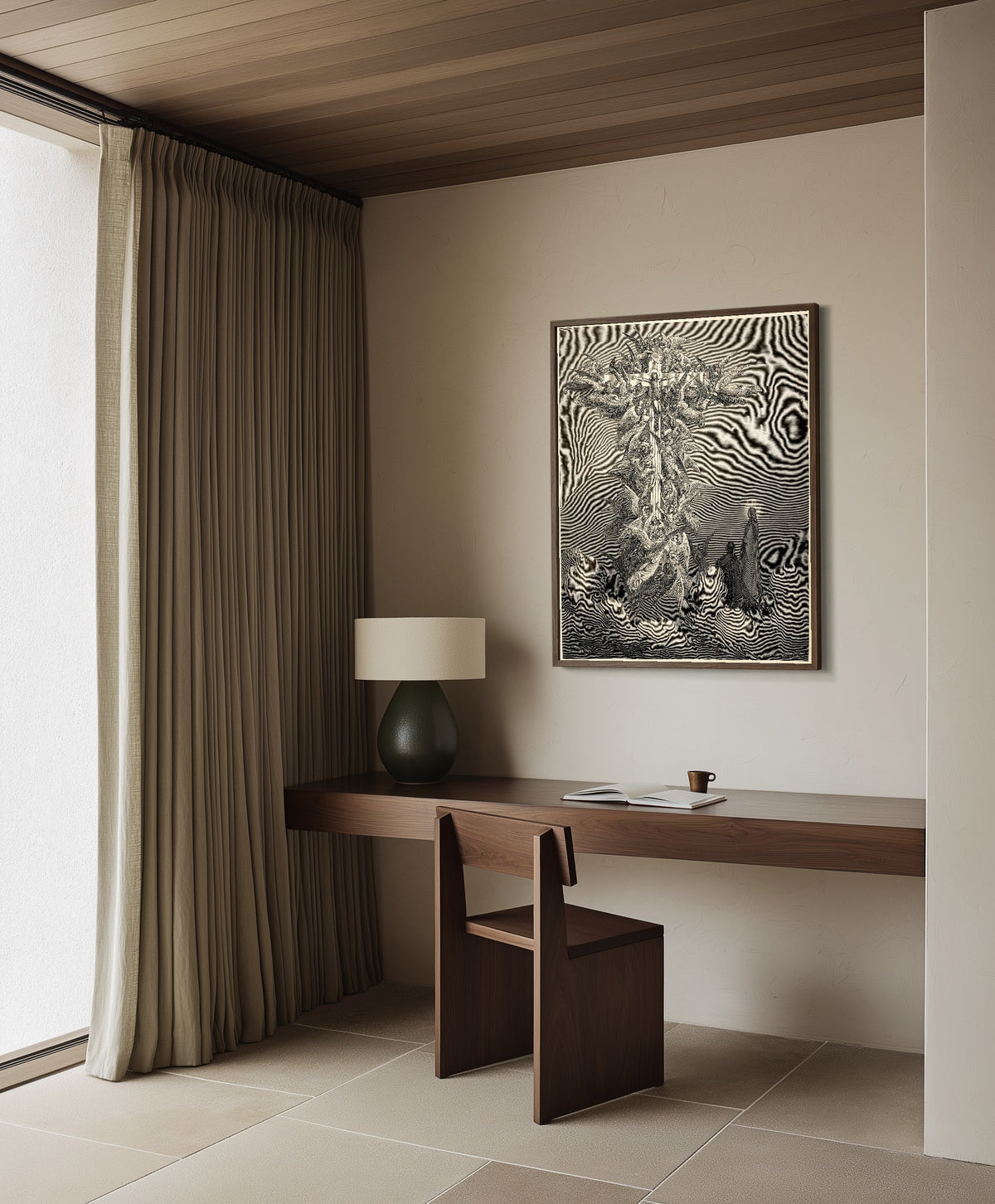 Framed art print of Paradiso, Canto XIV: The Cross of Mars by Gustave Doré, in a dark wood frame on a plaster wall above a walnut desk