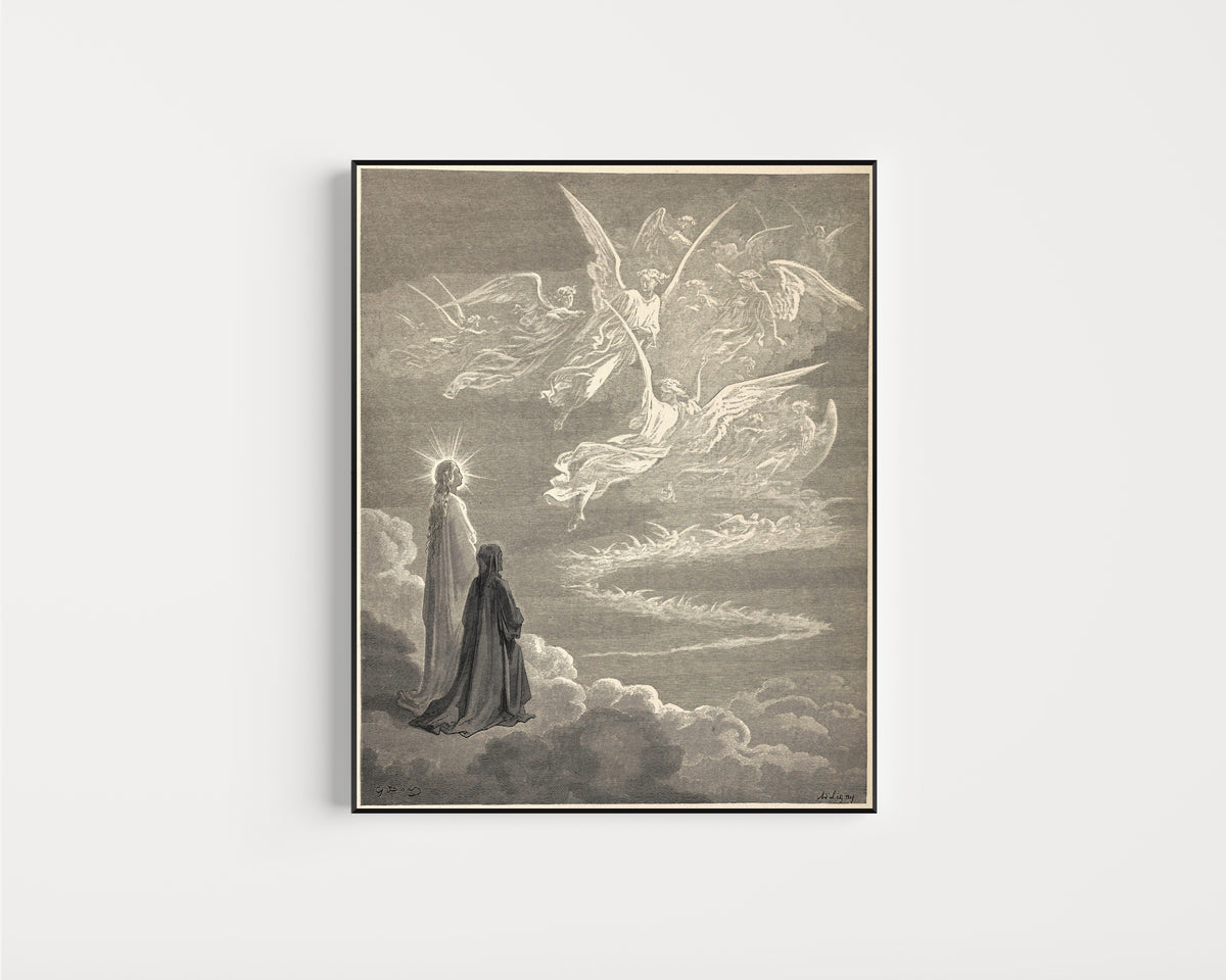 Framed art print of Paradiso, Canto XVIII: The Eagle of Souls by Gustave Doré, in a slim black frame on a plain white wall