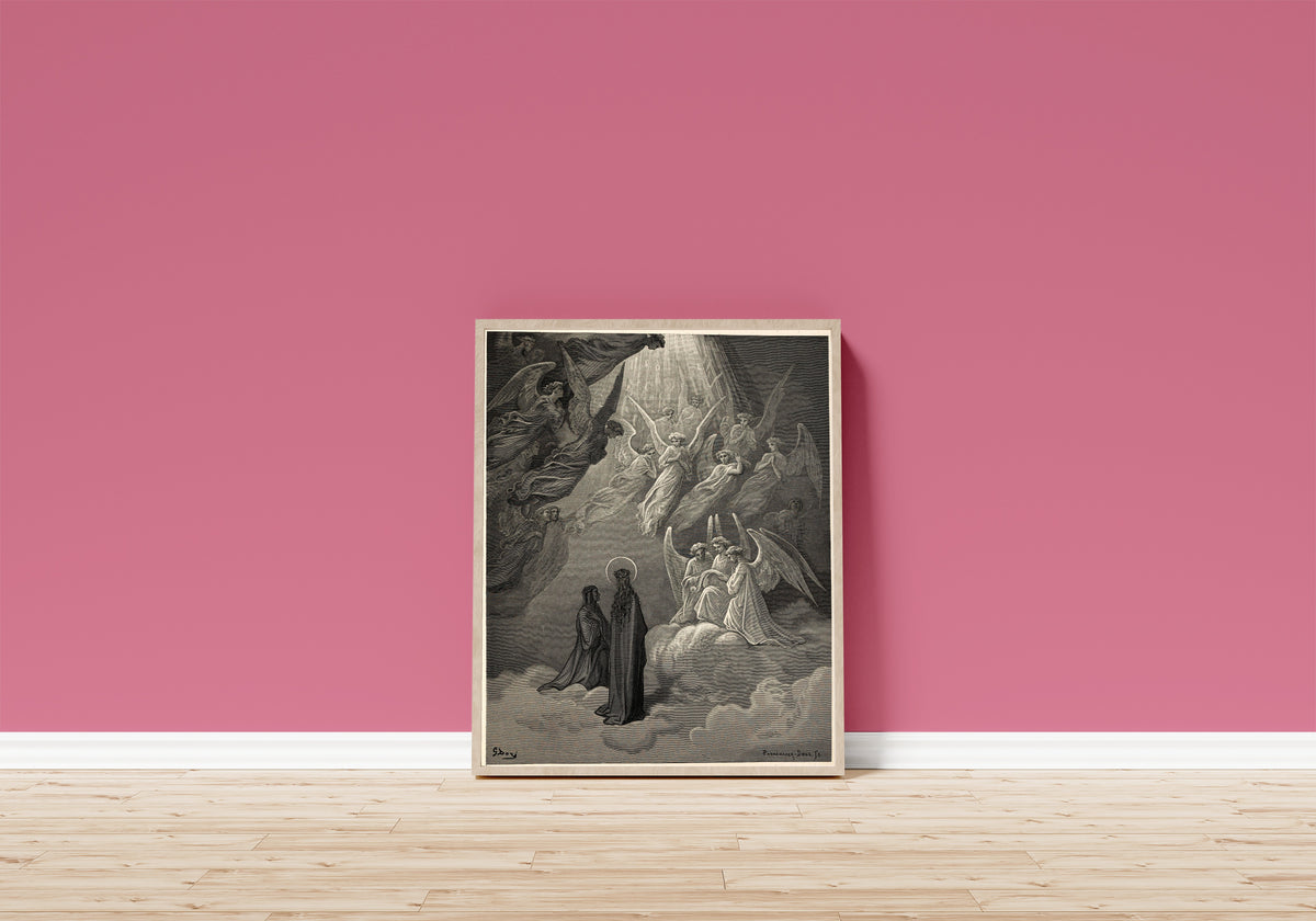 Framed art print of Paradiso, Canto XX: The Living Lights of Jupiter by Gustave Doré, in a light wood frame leaning on a pink wall above a wooden floor