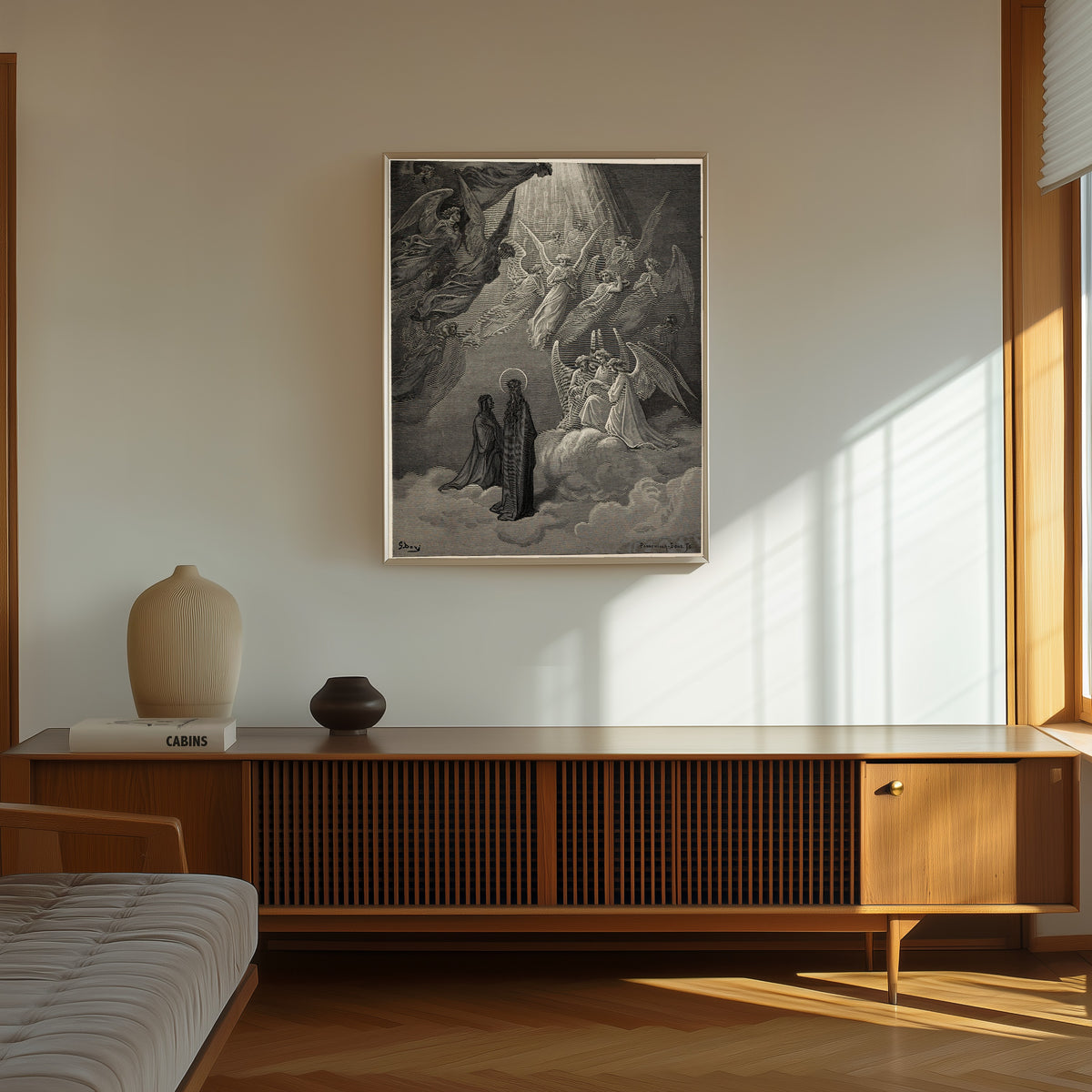 Framed art print of Paradiso, Canto XX: The Living Lights of Jupiter by Gustave Doré, in a thin light frame on a sunlit wall above a wooden sideboard