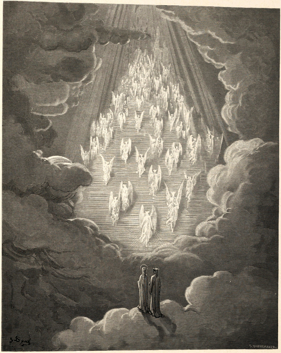 Gustave Doré — Paradiso, Canto XXI: The Golden Ladder | Dante Illustration Print shown to scale on a wall above a sofa