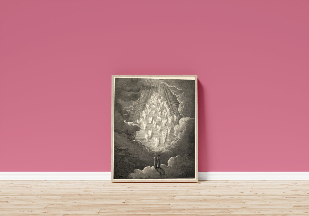 Framed art print of Paradiso, Canto XXI: The Golden Ladder by Gustave Doré, in a light wood frame leaning on a pink wall above a wooden floor