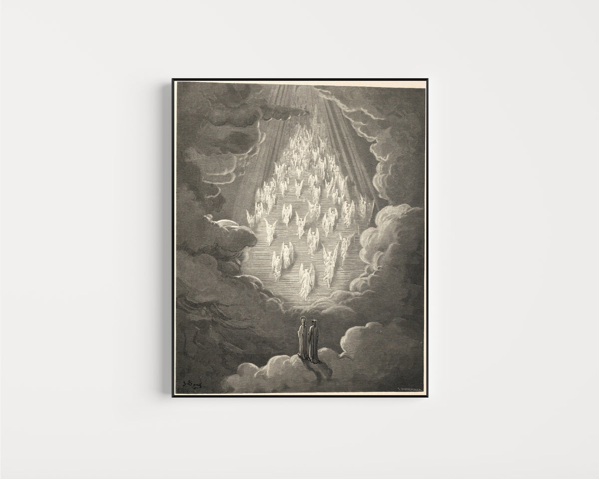 Framed art print of Paradiso, Canto XXI: The Golden Ladder by Gustave Doré, in a slim black frame on a plain white wall