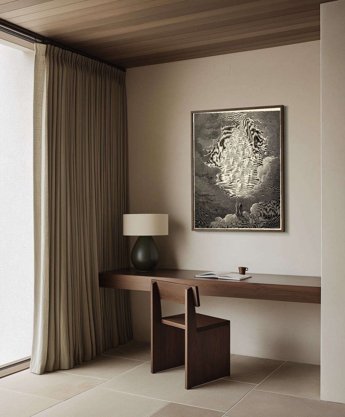 Framed art print of Paradiso, Canto XXI: The Golden Ladder by Gustave Doré, in a dark wood frame on a plaster wall above a walnut desk