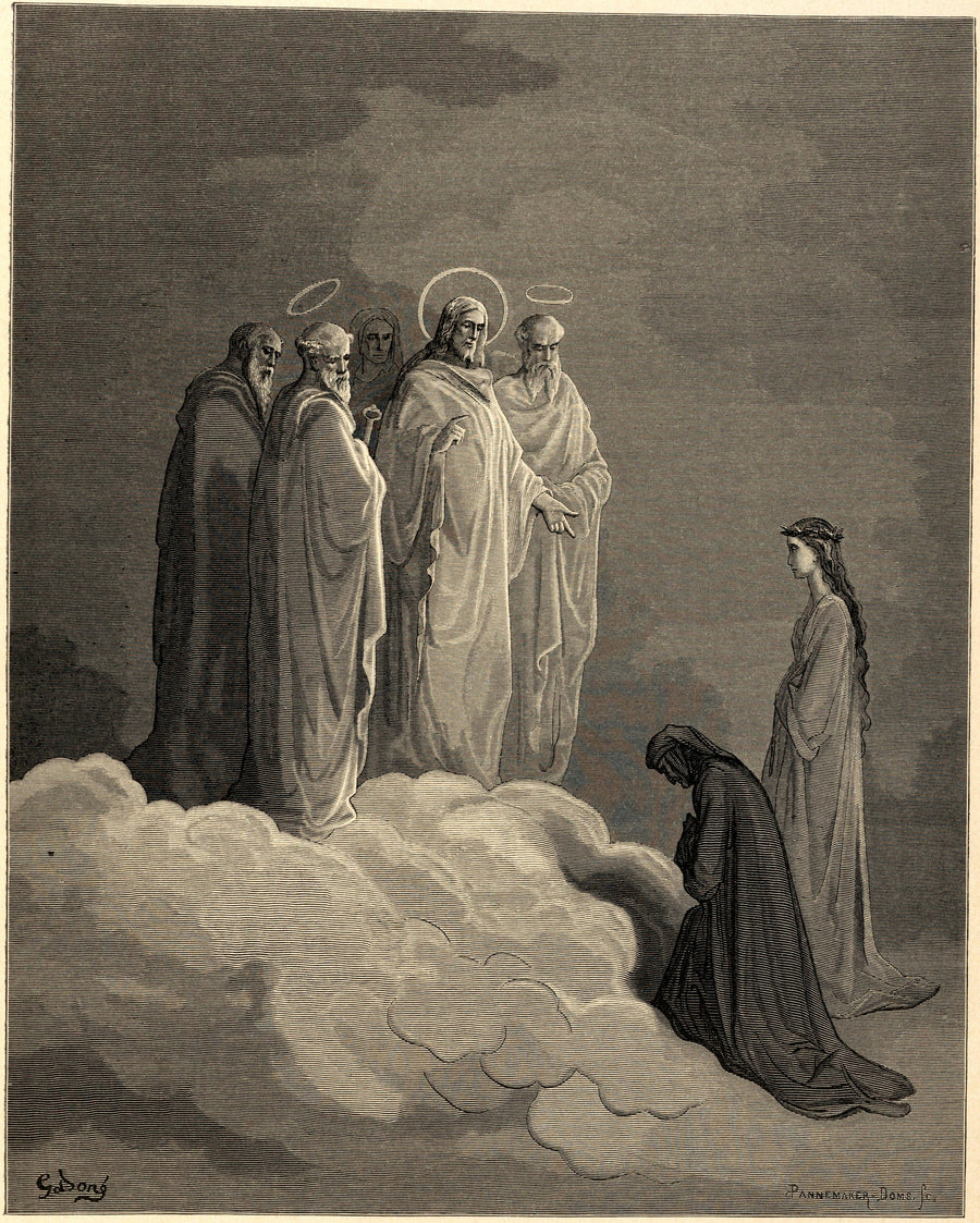 Gustave Doré — Paradiso, Canto XXVI: Peter, James and John | Dante Illustration Print shown to scale on a wall above a sofa
