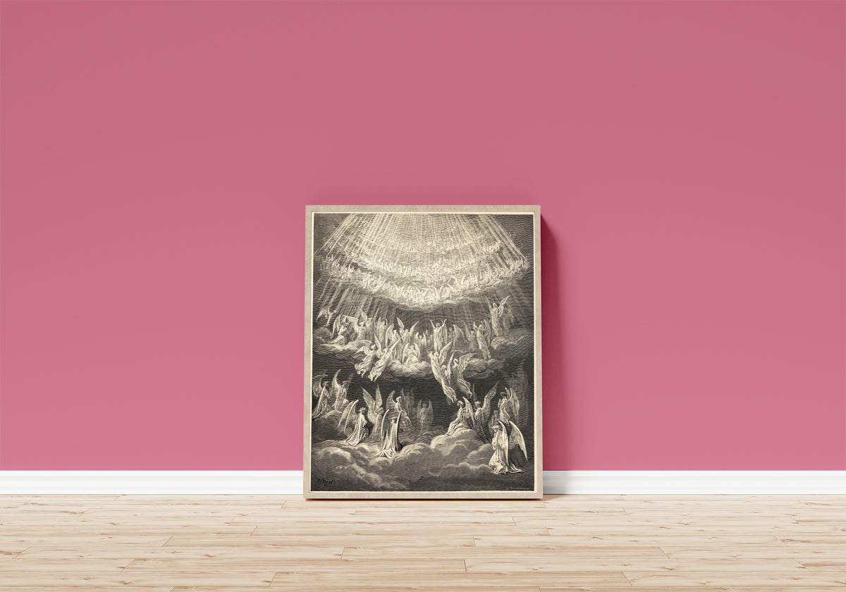 Framed art print of Paradiso, Canto XXVII: Glory to the Father by Gustave Doré, in a light wood frame leaning on a pink wall above a wooden floor