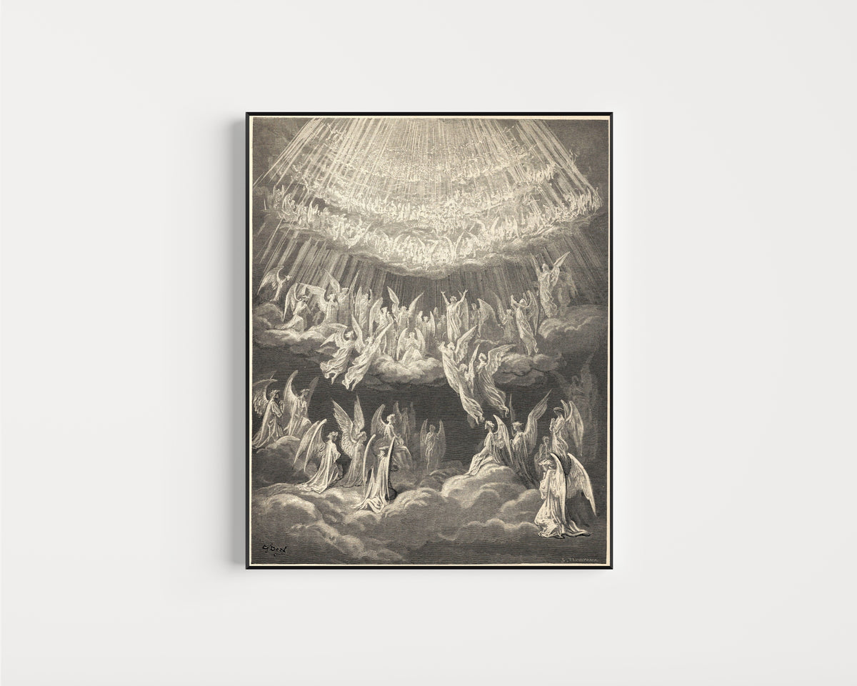 Framed art print of Paradiso, Canto XXVII: Glory to the Father by Gustave Doré, in a slim black frame on a plain white wall