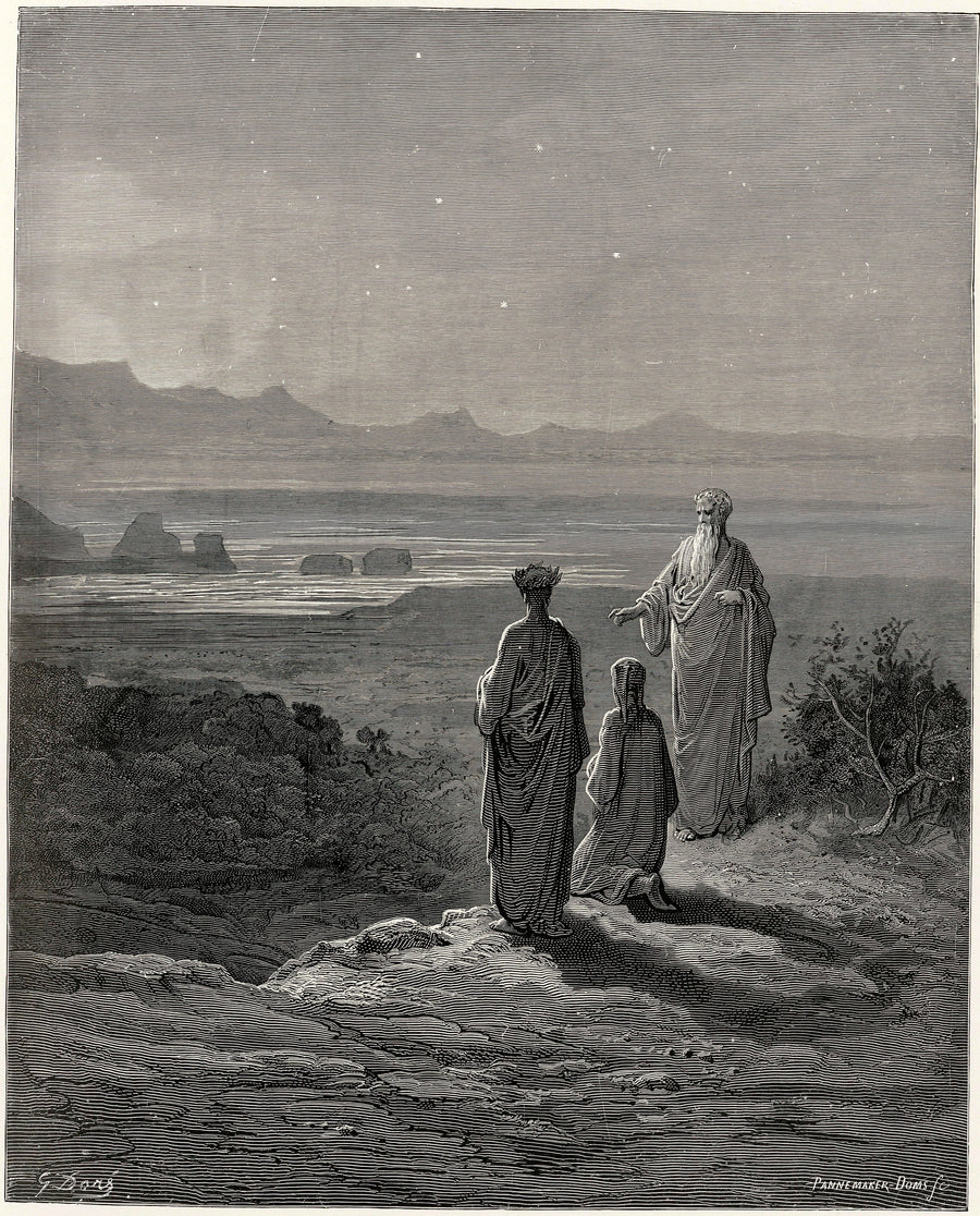 Gustave Doré — Purgatorio, Canto I: Cato on the Shore | Dante Illustration Print shown to scale on a wall above a sofa