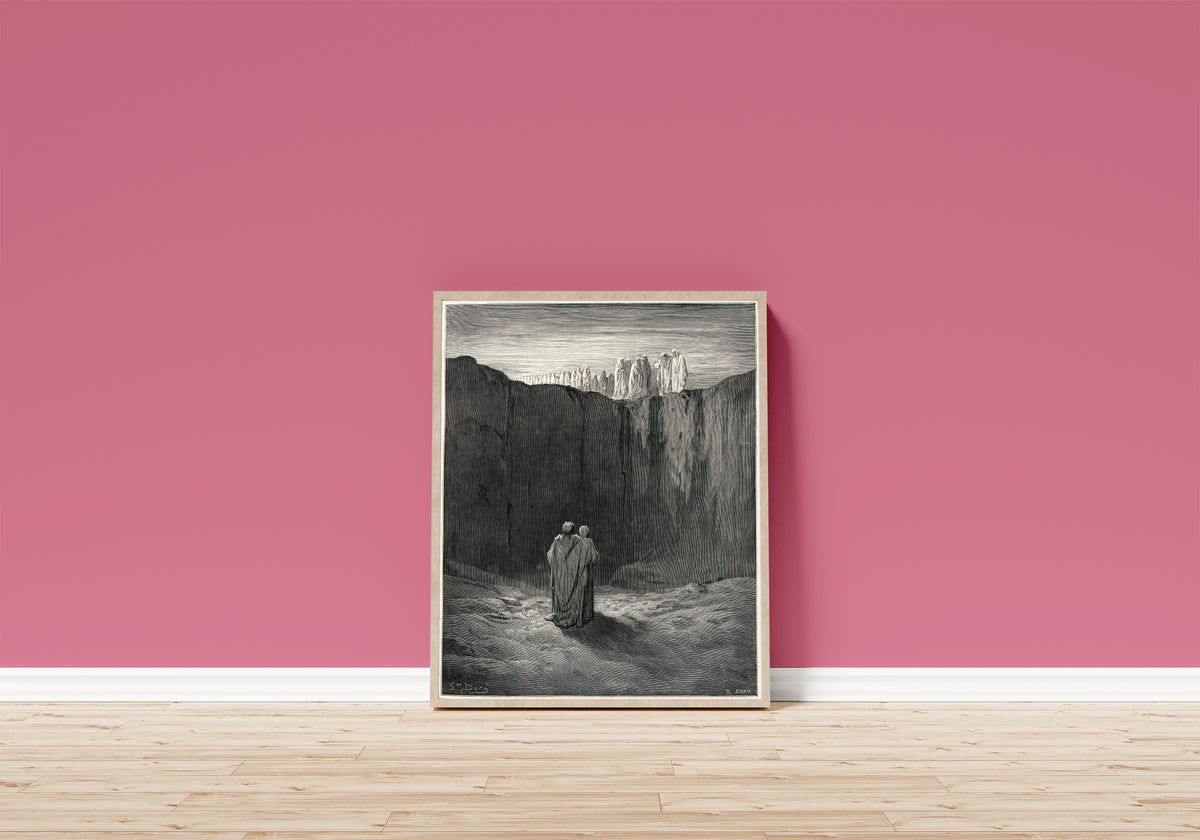 Framed art print of Purgatorio, Canto III: Virgil Explores the Pathway by Gustave Doré, in a light wood frame leaning on a pink wall above a wooden floor