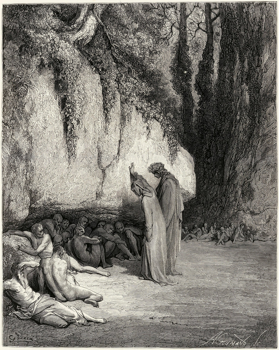 Gustave Doré — Purgatorio, Canto IV: Belacqua Behind the Rock | Dante Illustration Print shown to scale on a wall above a sofa